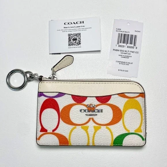 Coach Rainbow Signature Card Case ID Wallet Keychain Bag Charm NWT - Picture 7 of 7